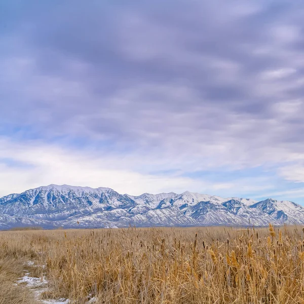 Frame Square Panorama di una vasta valle e lontana montagna innevata sotto suggestivo cielo nuvoloso — Foto Stock