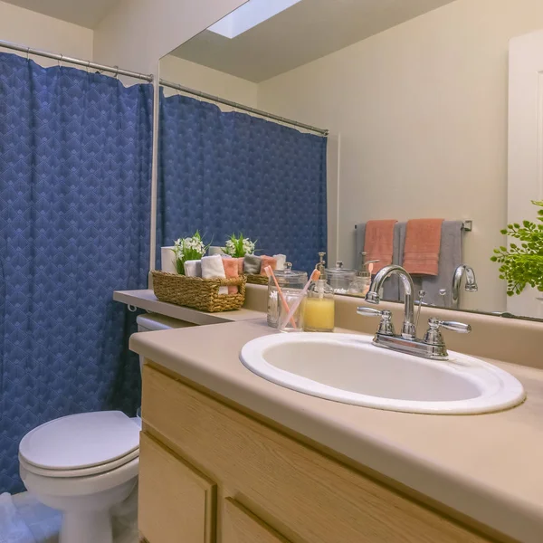 Cadre Carré Intérieur d'une petite salle de bain confortable avec une seule unité de vanité et toilettes — Photo