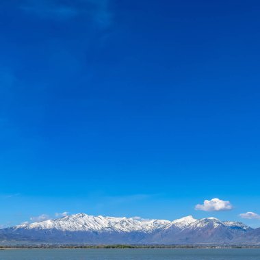 Güneşli bir günde mavi gökyüzünü yansıtan bir gölün kıyısındaki Kare Kahverengi otlar