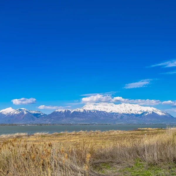 Marco Cuadrado Panorama de una montaña con pico nevado que se eleva sobre un lago con orilla cubierta de hierba —  Fotos de Stock