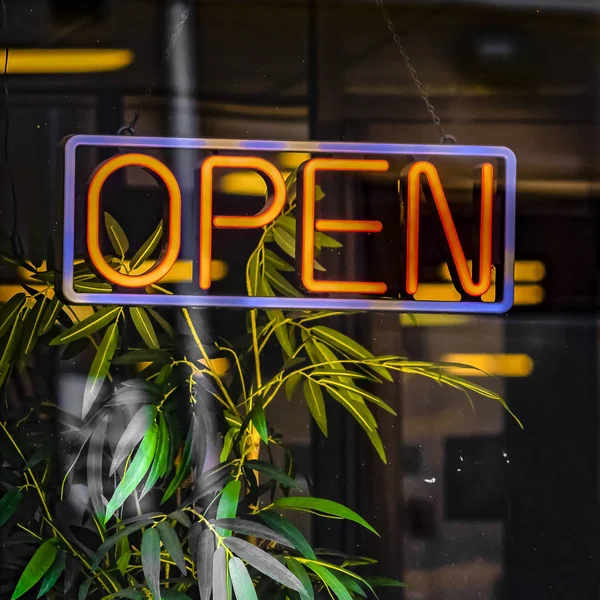 Quadrado Fechar de um neon sinal aberto pendurado na parede de vidro de um edifício comercial — Fotografia de Stock