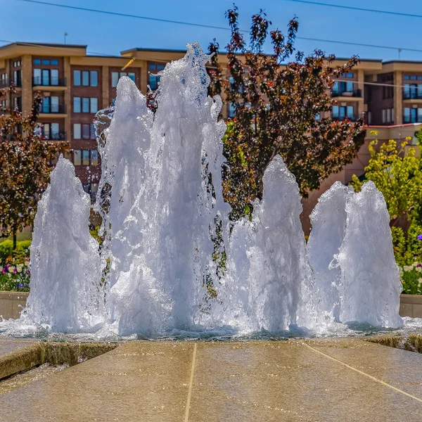 Fontana quadrata con acqua frizzante rivolta verso l'alto contro fiori e alberi — Foto Stock