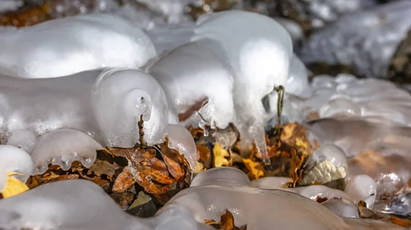 Panoramische Nahaufnahme gefrorenen Wassers auf einem felsigen Bach mit verstreuten abgefallenen braunen Blättern — Stockfoto