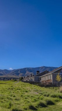 Çarpıcı güneş ve canlı mavi gökyüzü altında yemyeşil bir çimenli alanda Panorama çerçeve evler