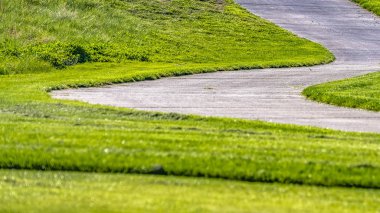 Panorama çerçevesi güneşli bir günde görüntülenen zengin yeşil otlar ile bir tepede çalışan asfalt yol