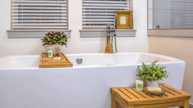 Panorama çerçevesi lekesiz beyaz küvet aynası ve iki pencere ile rahatlatıcı banyo iç