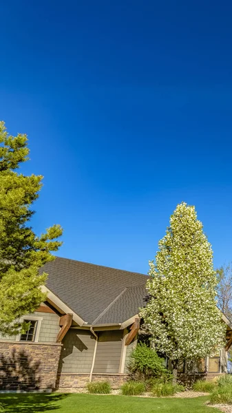 Панорама гарних будинків по дорозі під яскраві сині небо в сонячний день — стокове фото