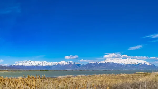草の多い海岸の湖の上にそびえ立つ雪のピークを持つ山のパノラマパノラマ — ストック写真