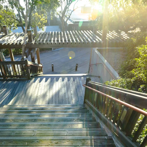 Outdoor stairs with pergola on a sunny day.