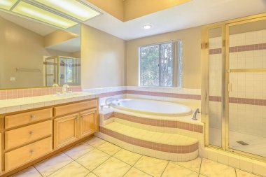 Vanity ve pencereden ağaçların manzaralı bir banyo küvetinşa