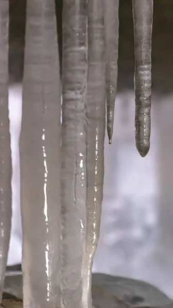 겨울에 다리 아래 부드럽고 빛나는 고드름의 수직 클로즈업 보기 — 스톡 사진