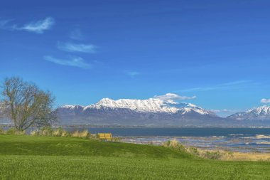 Sakin mavi bir göle bakan boş bir bank ile engin çimenli arazi