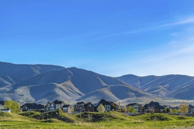 Güneşli bir günde mavi gökyüzü altında otlarla kaplı bir arazi üzerinde Evler