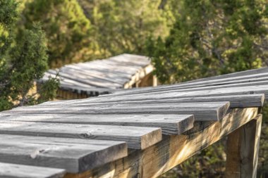 Yemyeşil ağaçlarla çevrili ormanda bir köprünün kapatılması