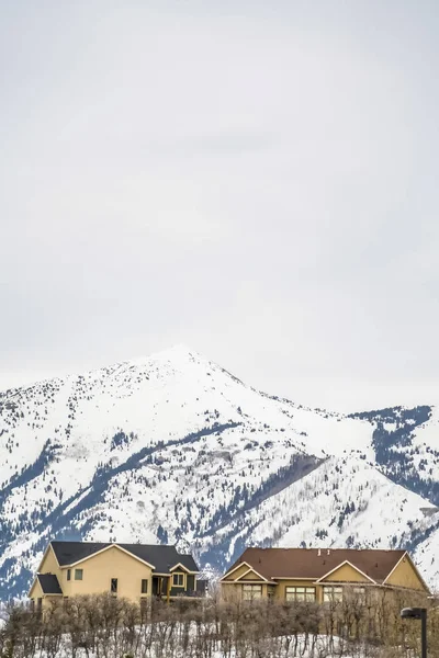 Résidences avec une montagne enneigée et un ciel couvert en arrière-plan — Photo