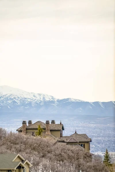 Casas y árboles sin hojas marrones en una colina cubierta de nieve durante el invierno —  Fotos de Stock