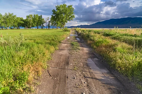 Camino de tierra en un campo de hierba con valle del lago y la montaña en la distancia — Foto de Stock