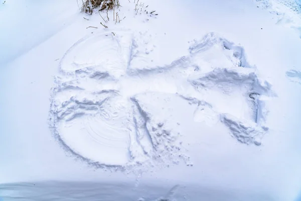 ताजा पाउडर बर्फ पर बने एक बर्फ स्वर्गदूत पर करीब के साथ शीतकालीन दृश्य — स्टॉक फ़ोटो, इमेज