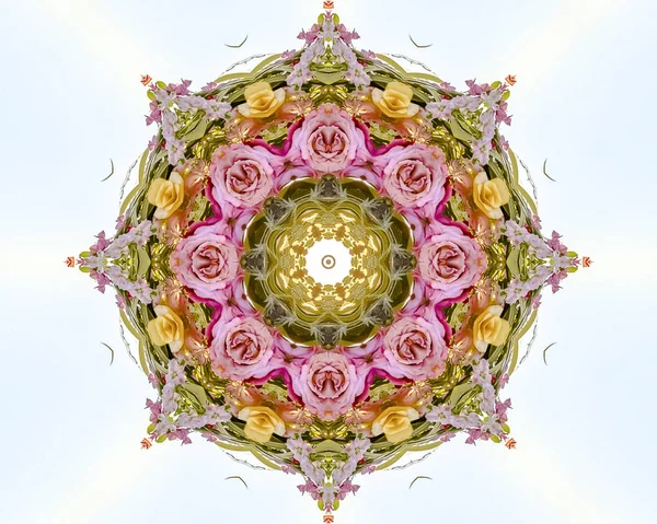 Beyaz bir alanda pembe sarı ve kırmızı güller ile soyut dairesel çiçek tasarımı — Stok fotoğraf