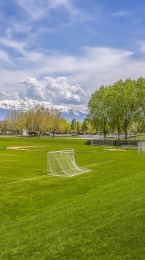 Dikey uzun boylu Futbol ve arka planda yemyeşil ağaçlar ve binalar ile beyzbol alanı