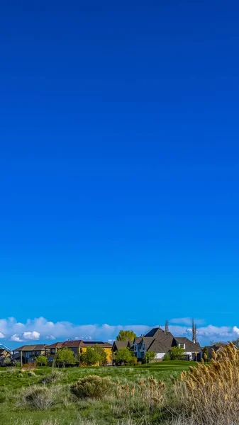 Casas verticais em um vasto terreno gramado com fundo rico céu azul em um dia ensolarado — Fotografia de Stock