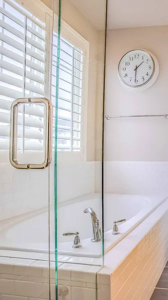 Vertical tall Bathroom interior with built in bathtub shower stall and vanity area — Stock Photo, Image