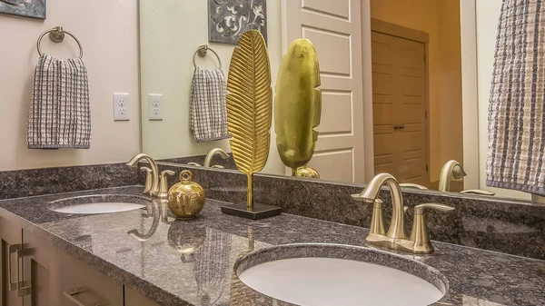 Panorama Elegant vanity unit inside a bathroom with wooden cabinets and double sink