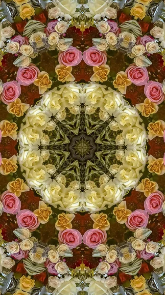 Vertical frame Design pattern made from pink yellow white orange roses at wedding — Stock Photo, Image