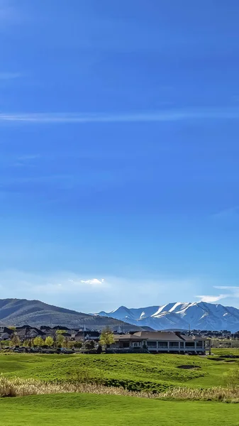 Vertikale Häuser auf einem mit Gräsern bedeckten Gelände unter einem weiten blauen Himmel an einem sonnigen Tag gebaut — Stockfoto