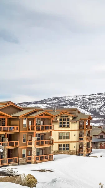 Moldura vertical Vista panorâmica de casas com varandas e rodeado de neve no inverno — Fotografia de Stock