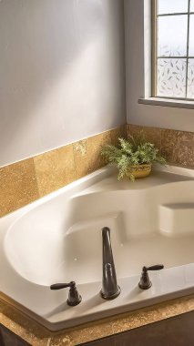 Buzlu cam pencereli güneşli bir banyonun köşesinde küvette inşa edilmiş dikey çerçeve