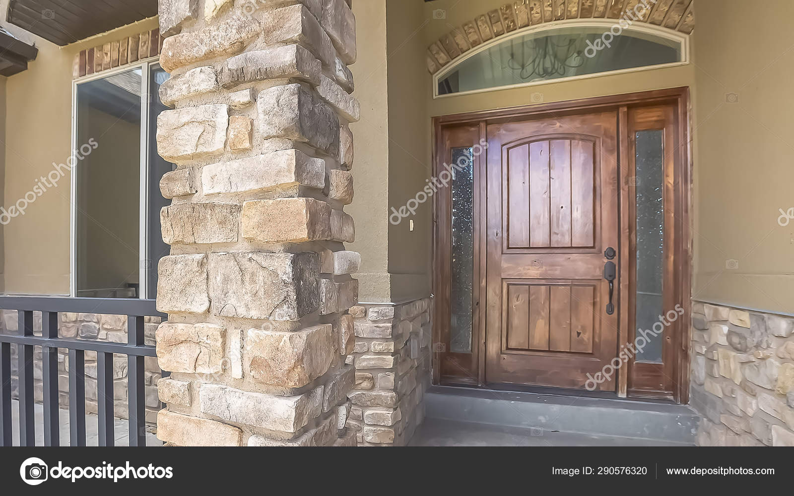Panorama Frame Home Facade With Brown Wood Door Frosted
