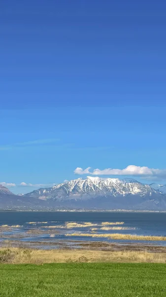 Marco vertical Terreno cubierto de hierba con vista al lago y a la montaña nevada bajo el cielo azul en un día soleado —  Fotos de Stock