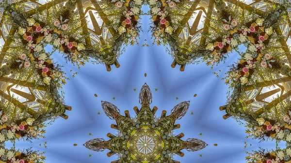 Marco panorámico Formas vívidas con exhibiciones angulares de flores en arreglo circular en la boda en California — Foto de Stock