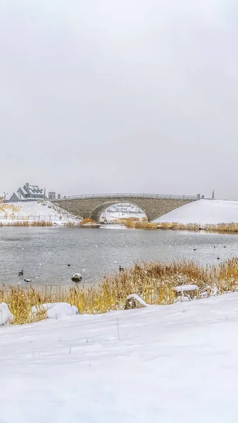 Marco vertical Lago y puente arqueado rodeado de terreno cubierto de nieve en invierno — Foto de Stock