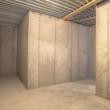 Beton duvar ve oluklu metal çatı ile boş bir binanın Kare İç