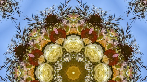 Ramka Panorama żywe kolorowe białe i czerwone kwiaty w układzie okrągłym na weselu w Kalifornii — Zdjęcie stockowe