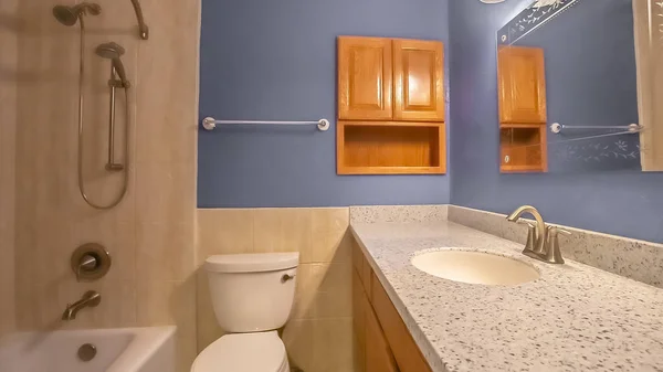 파노라마 화장실과 욕조에 인접한 화장대 공간이있는 작은 욕실 인테리어 — 스톡 사진