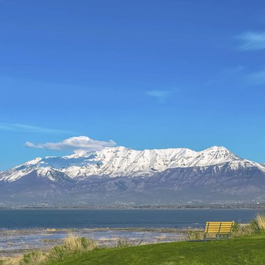 Sakin mavi bir göle bakan boş bir bank ile engin çimenli arazi