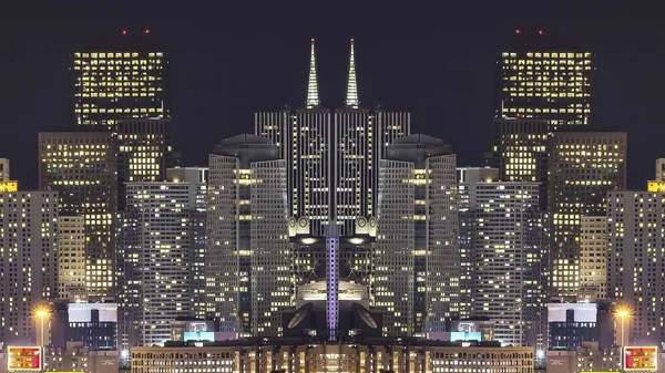 Panorama dubbla bilder av San Francisco skyline på natten — Stockfoto