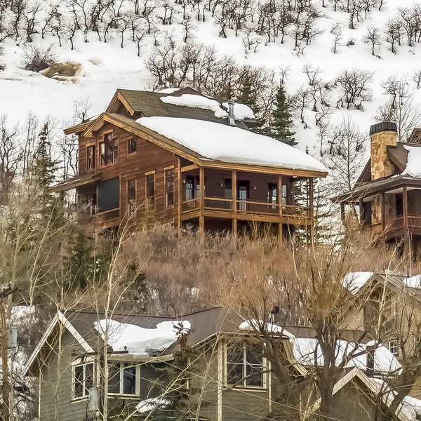 Τετραγωνικό χειμερινό τοπίο με σπίτια και κωνοφόρα σε ένα βουνό κάτω από συννεφιασμένο γκρι ουρανό — Φωτογραφία Αρχείου
