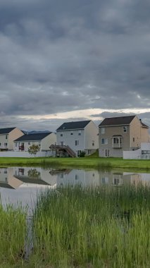 Güzel aile evleri ve parlak gölet ile doğal bir mahalle üzerinde Dikey çerçeve Overcast gökyüzü