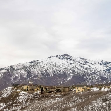 Yapraksız ağaçlar ile karlı dağ çok katlı evler ve yol kışın izlendi