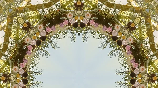파노라마 프레임 일몰에 결혼식 꽃으로 만든 원형 각진 꽃 디자인 — 스톡 사진
