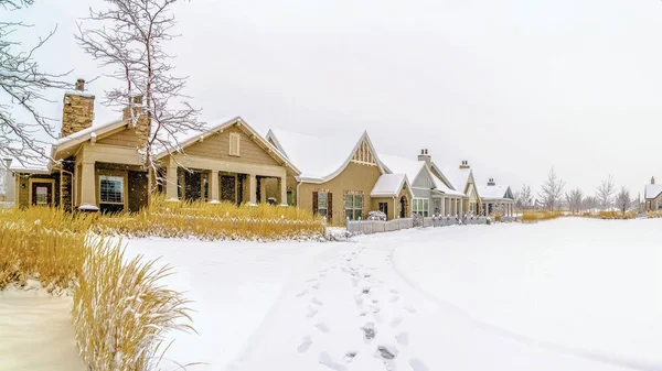 Πανόραμα κορνίζα γραφική θέα του χιονιού σκεπαστό έδαφος μπροστά από τα σπίτια κάτω από συννεφιασμένο ουρανό — Φωτογραφία Αρχείου