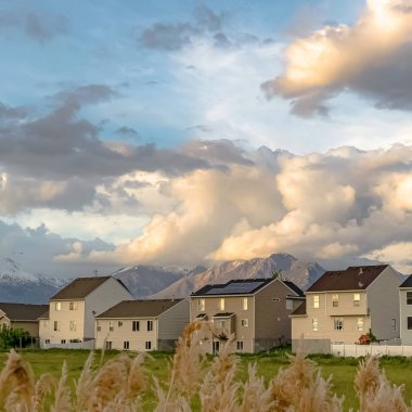 Kare çerçeve Arka planda şık evleri ve karla kaplı dağ ile Uzun kahverengi otlar