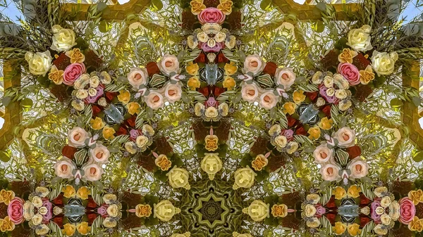 Marco panorámico Exhibición colorida de flores en arreglo circular en la boda en California — Foto de Stock