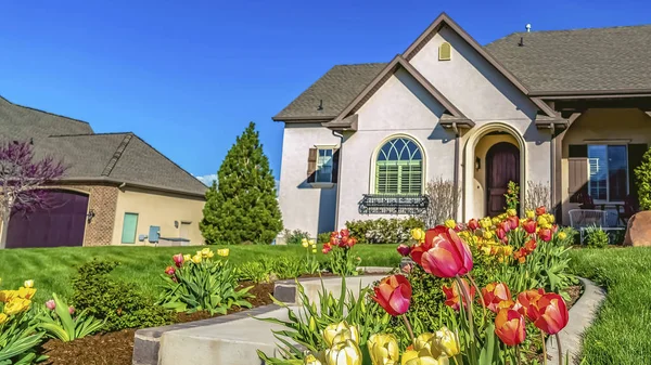 Panorama Landscaped yard of a home with pathway stairs tulips trees and grasses