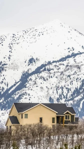 Cadre vertical Vue hivernale pittoresque de maisons de plusieurs étages construites au sommet d'une montagne — Photo