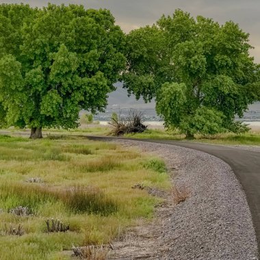 Square Road bulutlu gökyüzü altında göl vadisi ve dağ manzaralı ağaçlar ile çevrili